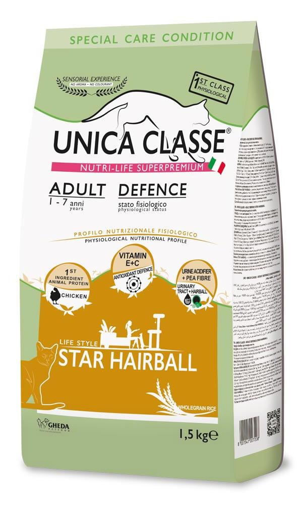 Сухой корм для взрослых кошек Unica Classe Adult Defence Star Hairball (Курица)